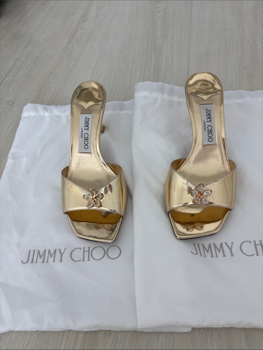 Jimmy Choo Metallic Gold Skye Embellished Slide Mules